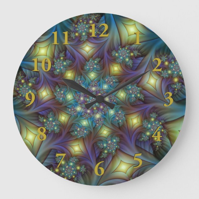 Illuminated Abstract Shiny Teal Purple Fractal Art Large Clock (Front)