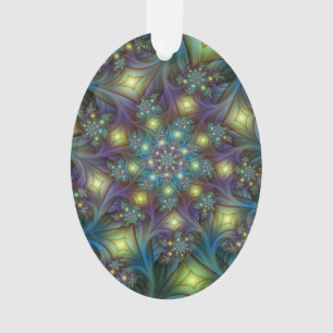 Illuminated Abstract Shiny Teal Purple Fractal Art Ornament