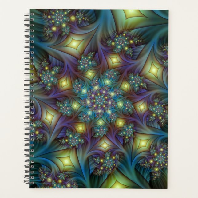 Illuminated Abstract Shiny Teal Purple Fractal Art Planner (Front)