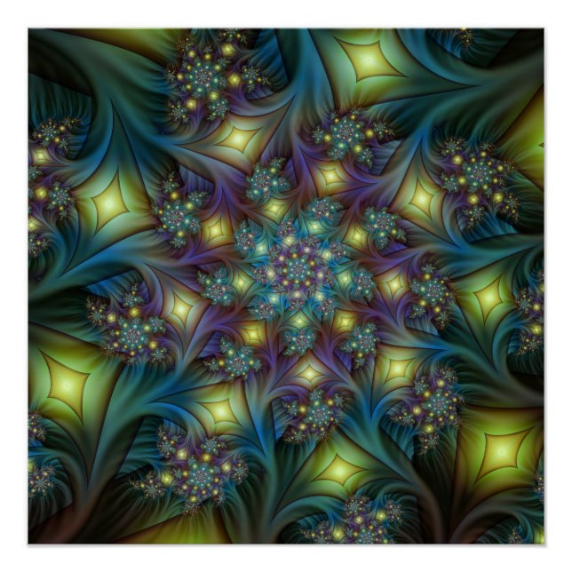 Illuminated Abstract Shiny Teal Purple Fractal Art Poster (Front)