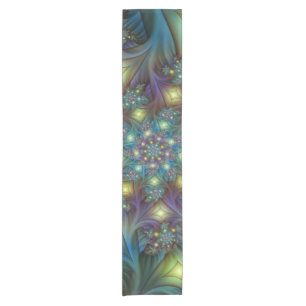 Illuminated Abstract Shiny Teal Purple Fractal Art Short Table Runner