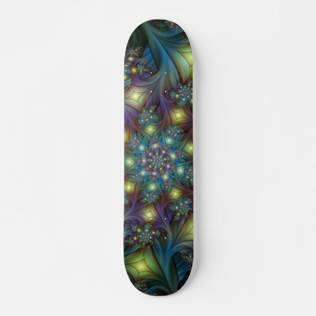 Illuminated Abstract Shiny Teal Purple Fractal Art Skateboard (Front)