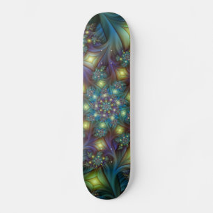 Illuminated Abstract Shiny Teal Purple Fractal Art Skateboard