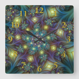 Illuminated Abstract Shiny Teal Purple Fractal Art Square Wall Clock