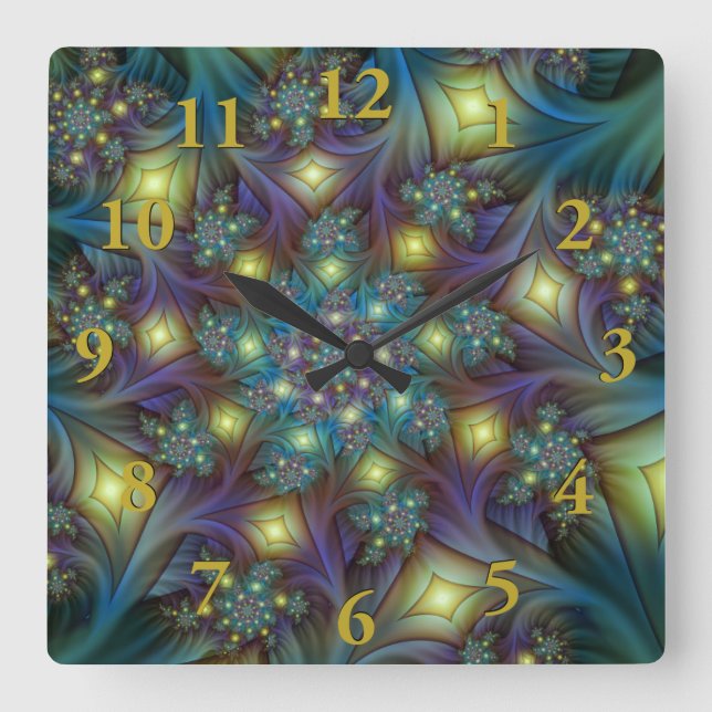 Illuminated Abstract Shiny Teal Purple Fractal Art Square Wall Clock (Front)