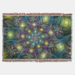 Illuminated Abstract Shiny Teal Purple Fractal Art Throw Blanket