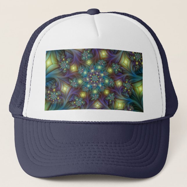 Illuminated Abstract Shiny Teal Purple Fractal Art Trucker Hat (Front)