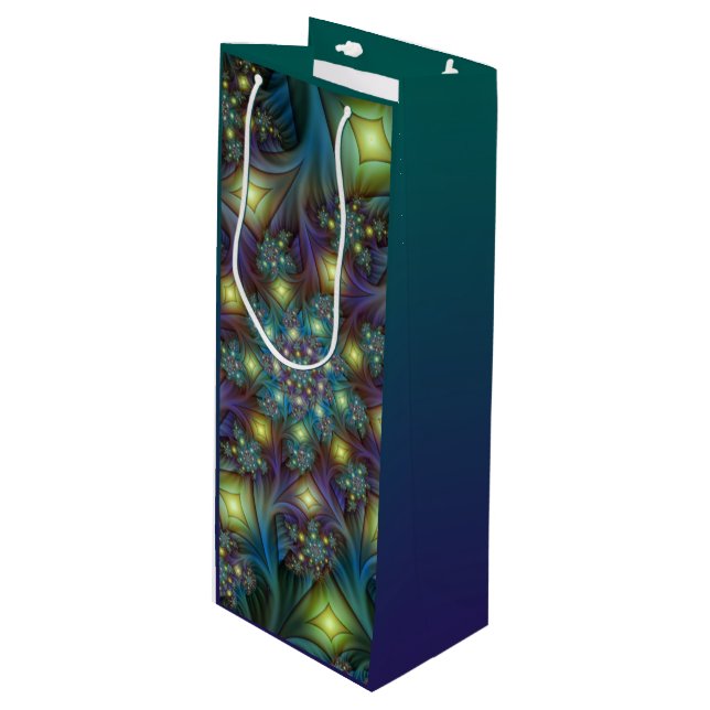 Illuminated Abstract Shiny Teal Purple Fractal Art Wine Gift Bag (Front Angled)