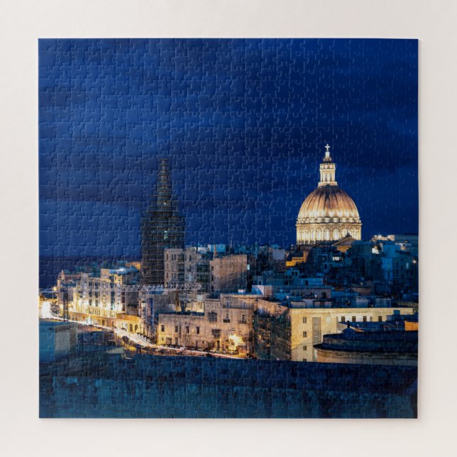 Illuminated at night Valletta old town and harbor Jigsaw Puzzle (Vertical)