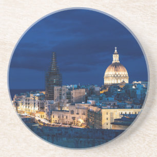 Illuminated at night Valletta old town and harbour Coaster