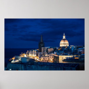 Illuminated at night Valletta old town and harbour Poster