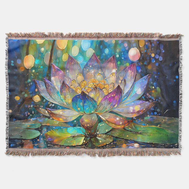 Illuminated Blooming Lotus Flower Throw Blanket (Front)