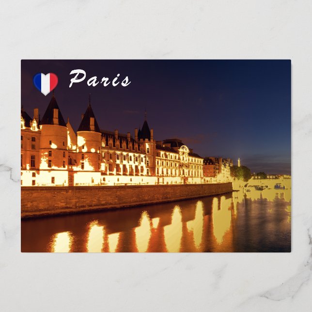 Illuminated Conciergerie at night - Paris, France Foil Holiday Card (Front)