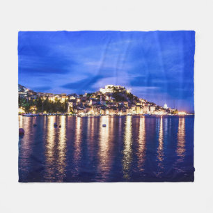 Illuminated harbor in Sibenik, Croatia Fleece Blanket