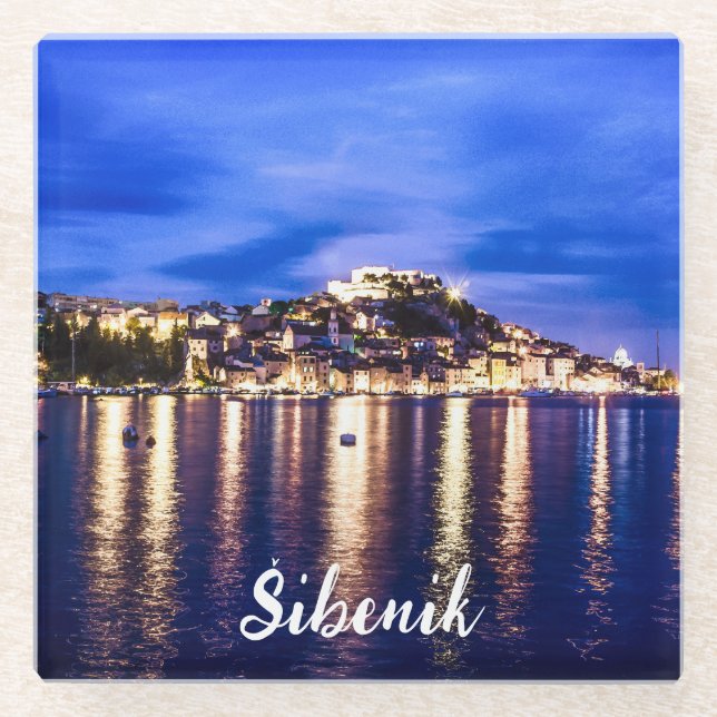 Illuminated harbor in Sibenik, Croatia Glass Coaster (Front)