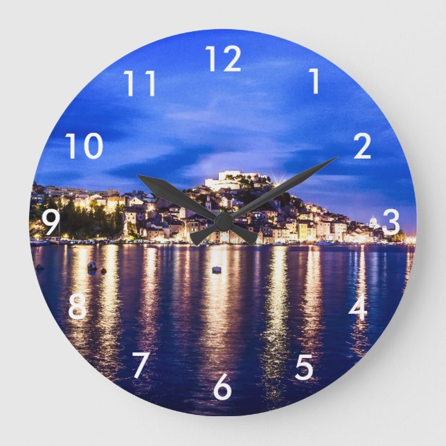 Illuminated harbor in Sibenik, Croatia Large Clock (Front)