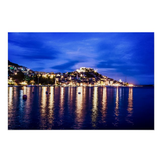 Illuminated harbor in Sibenik, Croatia Poster (Front)