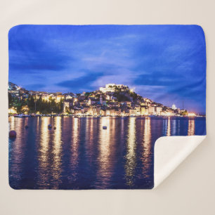 Illuminated harbor in Sibenik, Croatia Sherpa Blanket
