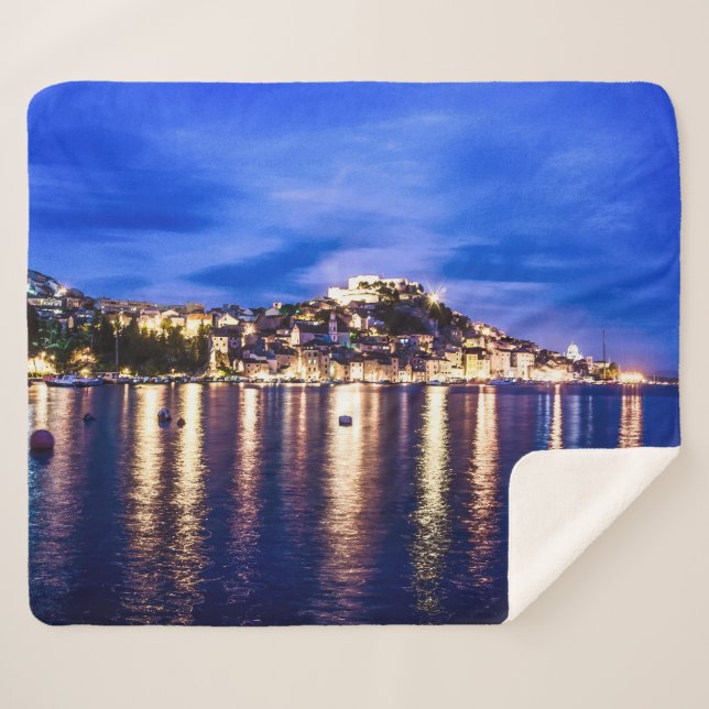 Illuminated harbor in Sibenik, Croatia Sherpa Blanket (Front (Horizontal))