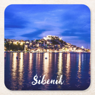 Illuminated harbor in Sibenik, Croatia Square Paper Coaster