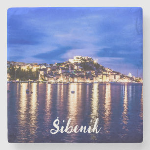 Illuminated harbor in Sibenik, Croatia Stone Coaster