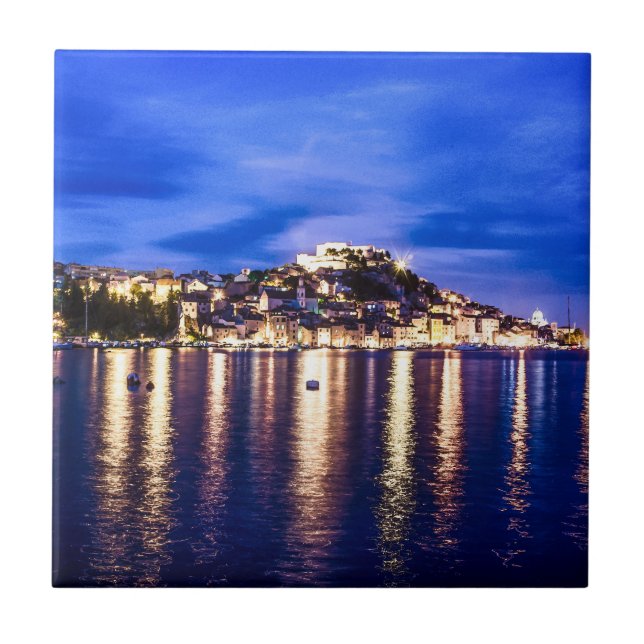 Illuminated harbor in Sibenik, Croatia Tile (Front)
