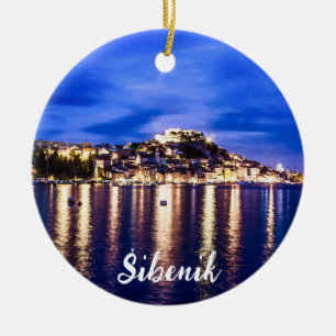 Illuminated harbour in Sibenik, Croatia Ceramic Tree Decoration