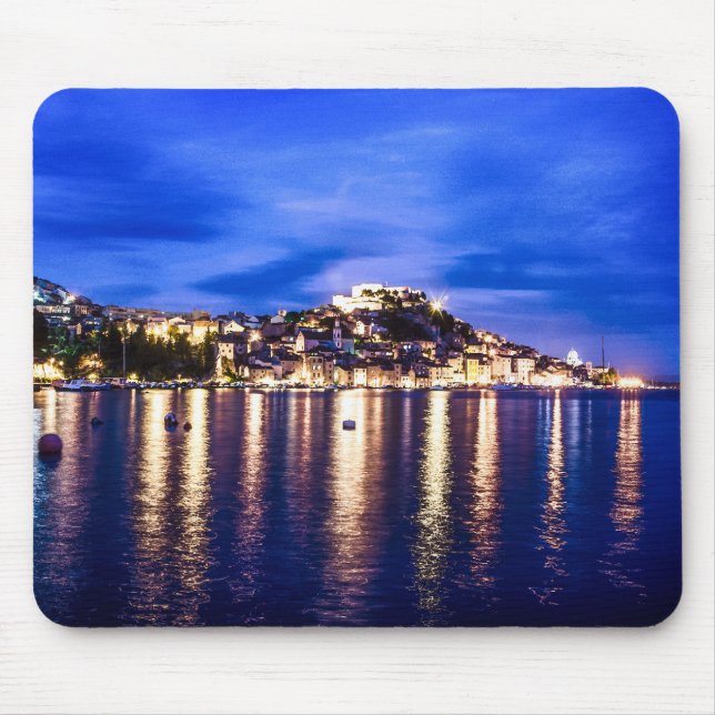 Illuminated harbour in Sibenik, Croatia Mouse Mat (Front)