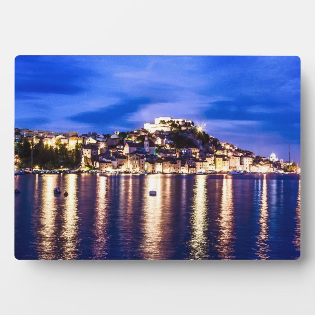 Illuminated harbour in Sibenik, Croatia Plaque (Front)