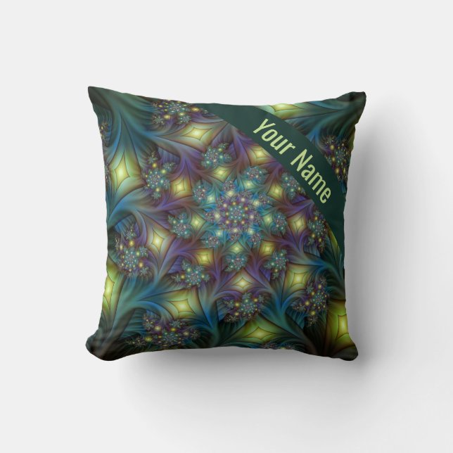 Illuminated modern blue purple Fractal Art Name Cushion (Front)