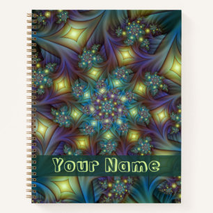 Illuminated modern blue purple Fractal Art Name Notebook