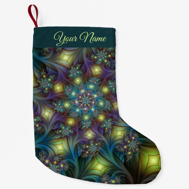 Illuminated modern blue purple Fractal Art Name Small Christmas Stocking (Front)