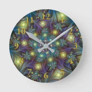 Illuminated modern blue purple Fractal Pattern Round Clock