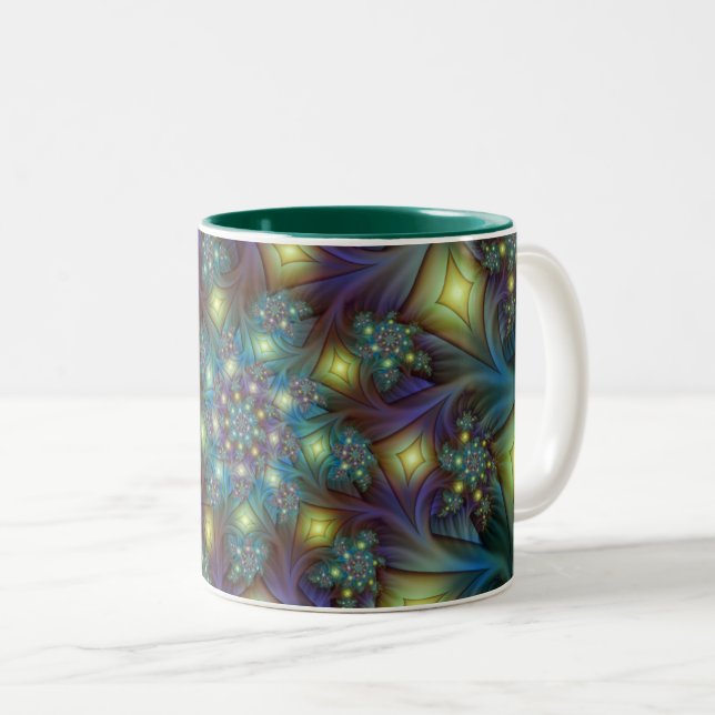 Illuminated modern blue purple Fractal Pattern Two-Tone Coffee Mug (Front Right)