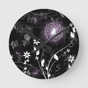 Illuminated Purple butterflies and flowers design Round Clock