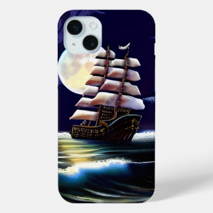 Illuminated Ship on the Ocean under the Moon iPhone 15 Mini Case
