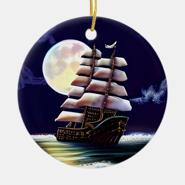 Illuminated Ship on the Ocean under the Moon Ceramic Tree Decoration (Front)
