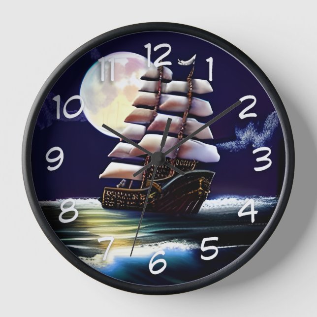 Illuminated Ship on the Ocean under the Moon Clock (Front)