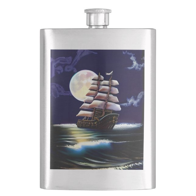 Illuminated Ship on the Ocean under the Moon Hip Flask (Front)