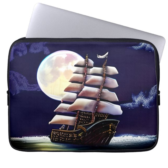Illuminated Ship on the Ocean under the Moon Laptop Sleeve (Front)