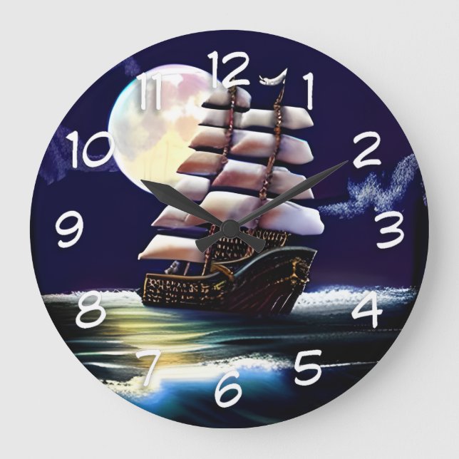 Illuminated Ship on the Ocean under the Moon Large Clock (Front)