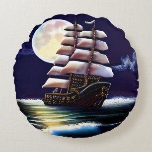 Illuminated Ship on the Ocean under the Moon Round Cushion