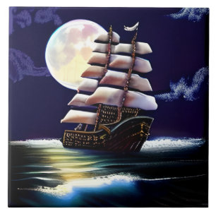 Illuminated Ship on the Ocean under the Moon Tile