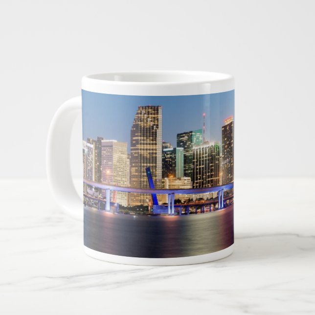 Illuminated skyline of downtown Miami at dusk Large Coffee Mug (Front Left)