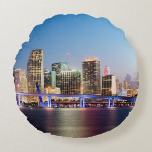 Illuminated skyline of downtown Miami at dusk Round Cushion