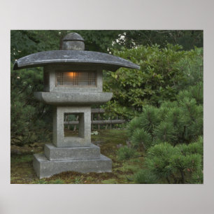 Illuminated stone lantern in Japanese Garden Poster