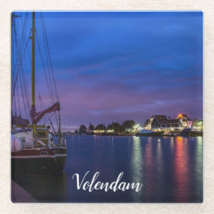 Illuminated Volendam harbor at night Glass Coaster