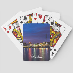 Illuminated Volendam harbor at night Playing Cards