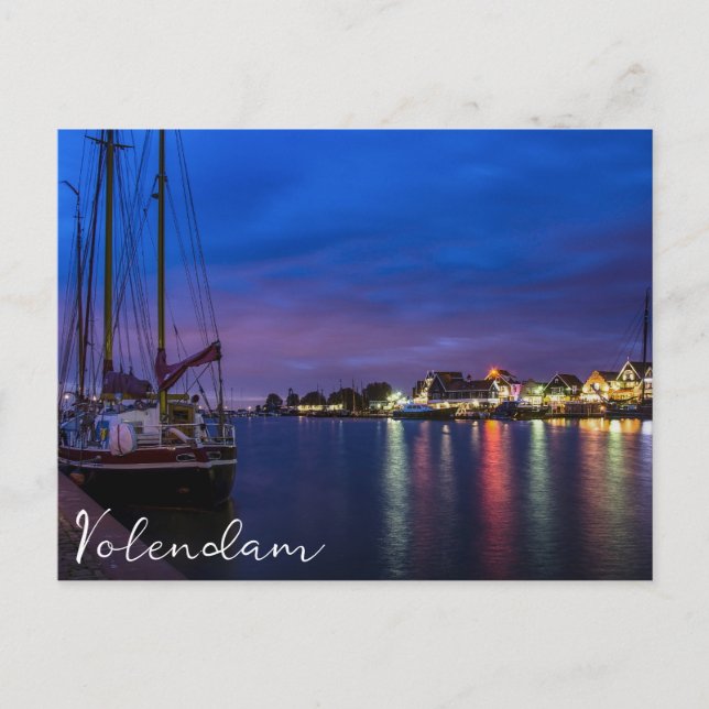 Illuminated Volendam harbor at night Postcard (Front)