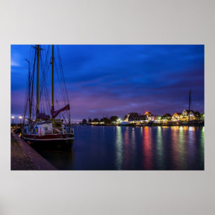 Illuminated Volendam harbor at night Poster